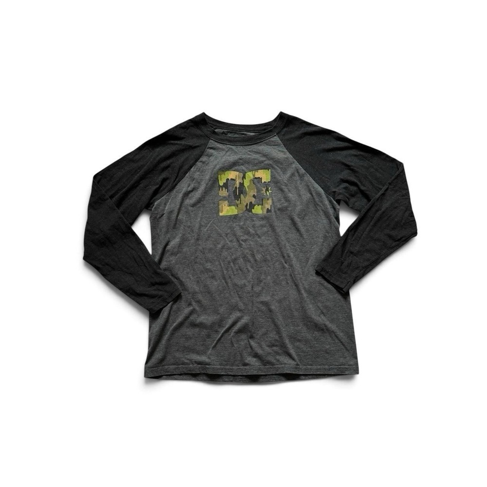 DC Shoes Mens Raglan Long Sleeve Tee Charcoal Grey Black Camo Drip Logo Large